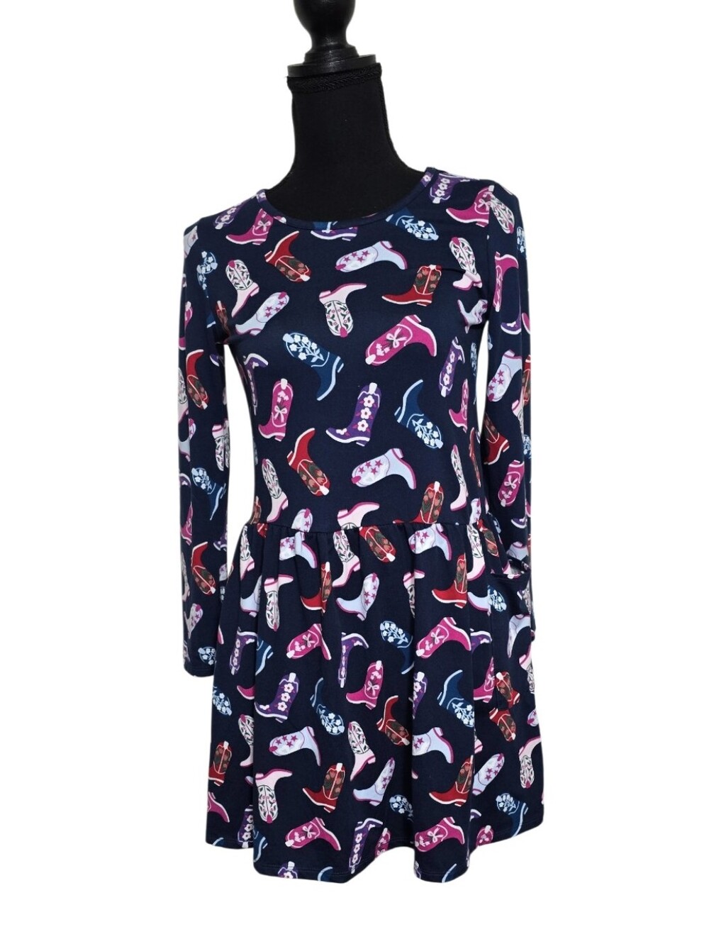 #K143 Navy Long-Sleeve Dress with Pink & Red Boot Print